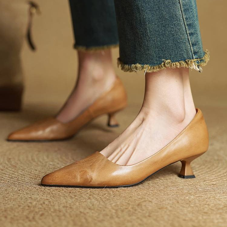 Pointed Toe Slip On Kitten Heel Pumps