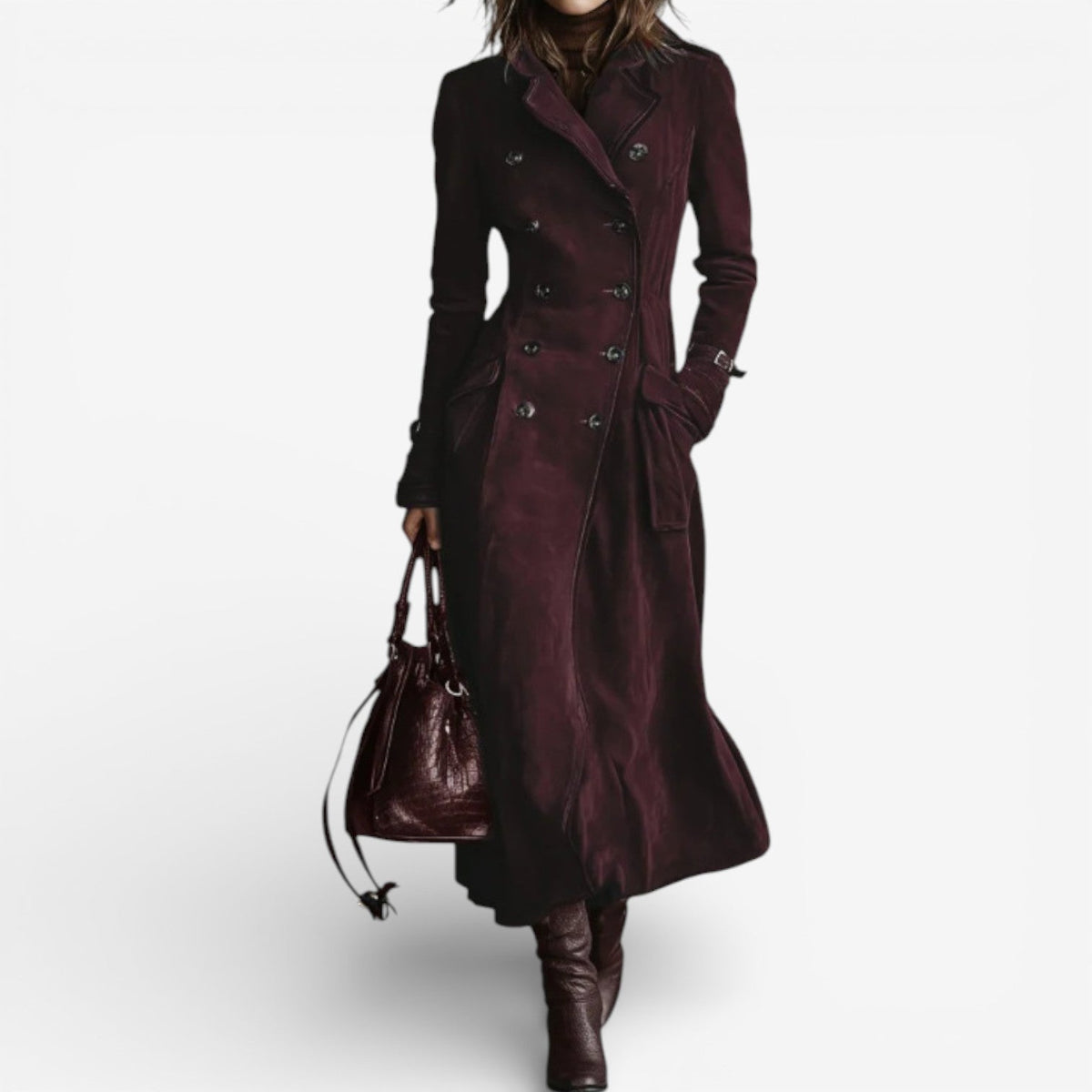 Double Breasted Suede Look Longline Trench Coat