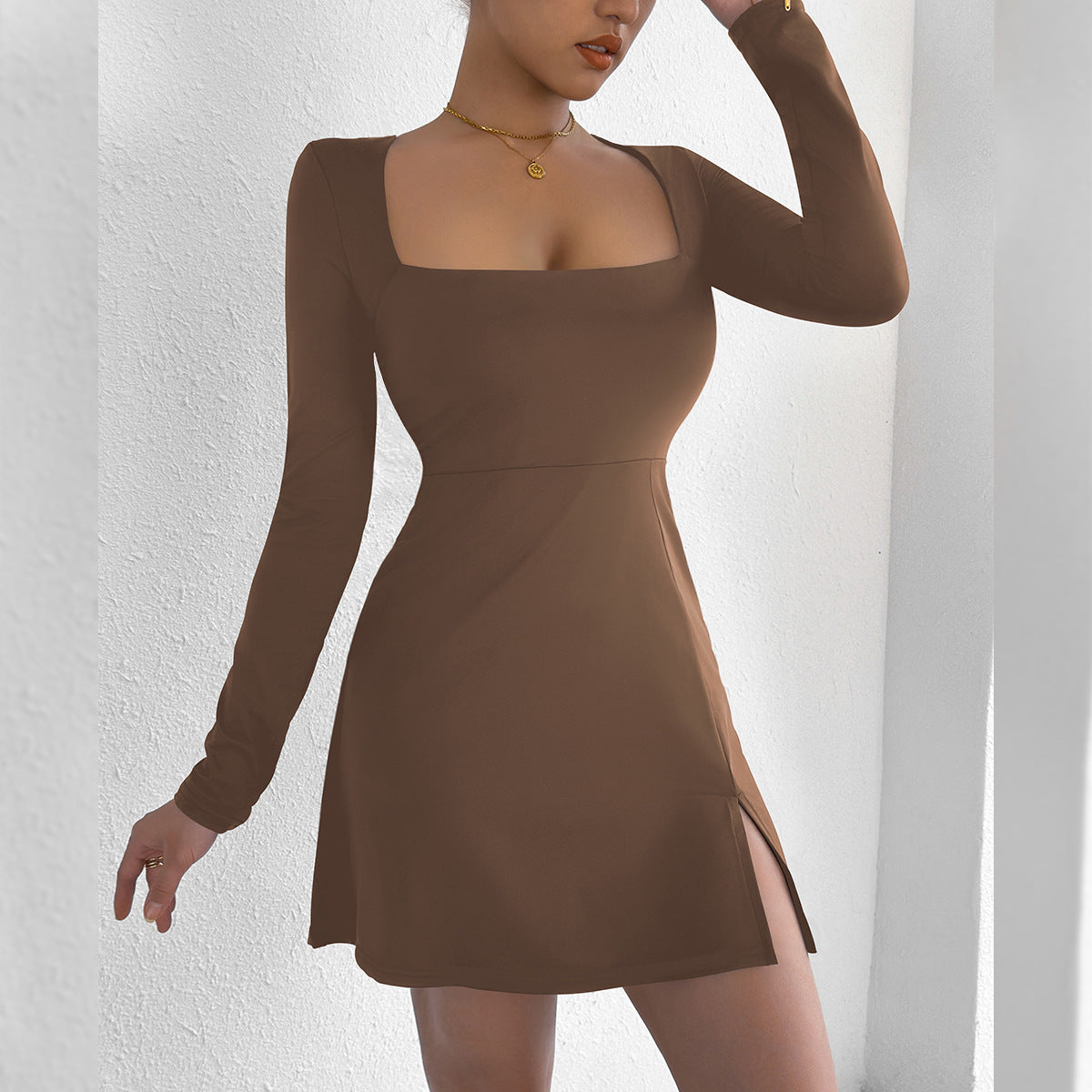 Square Neck Long Sleeve Side Slit A-Line Mini Dress 10