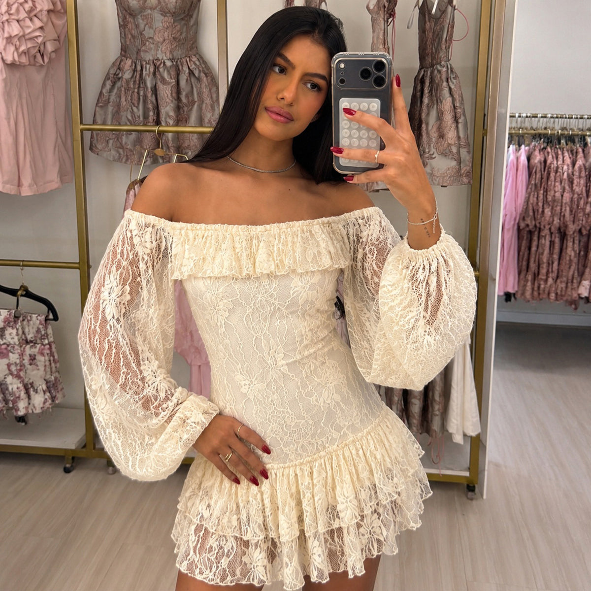 Elegant Lace Stitching Slightly Transparent Lantern Sleeve off Shoulder Dress Backless Lace up Sexy Tiered Dress