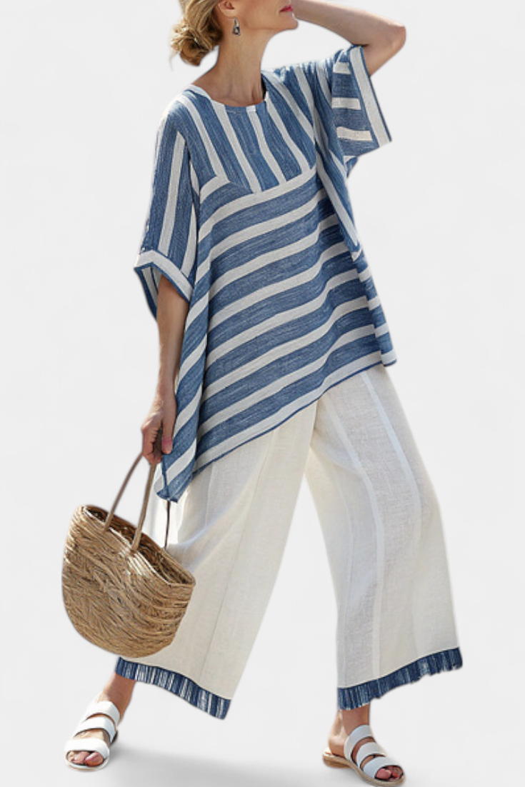 Striped Short Sleeve Top and Fringe Hem Wide Leg Pants Two Piece Set
