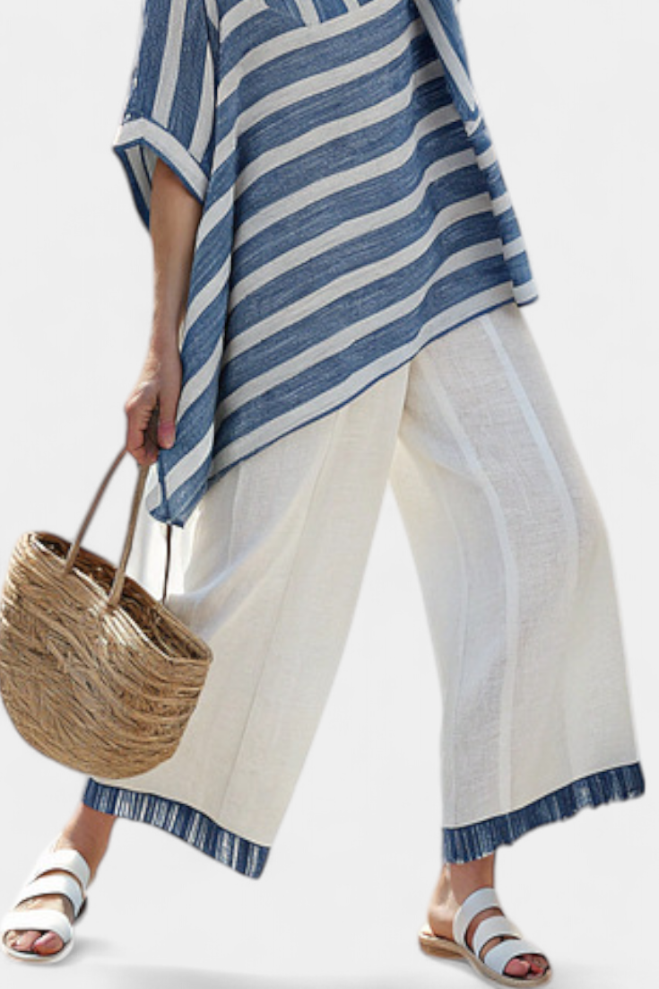 Striped Short Sleeve Top and Fringe Hem Wide Leg Pants Two Piece Set