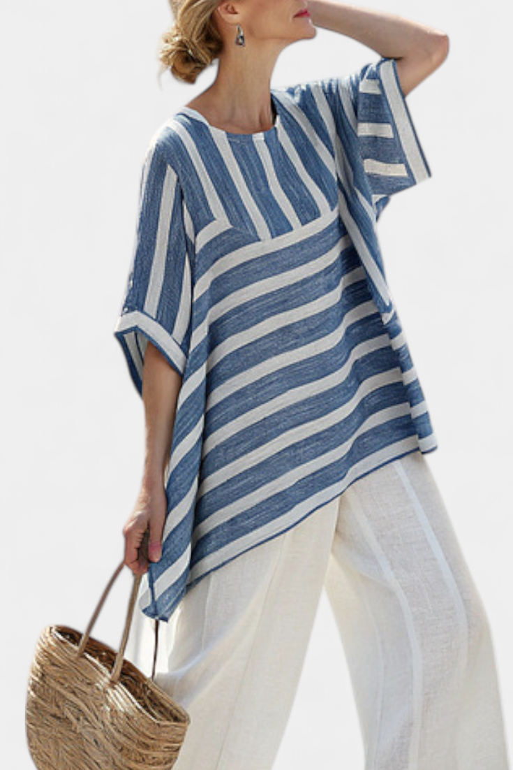 Striped Short Sleeve Top and Fringe Hem Wide Leg Pants Two Piece Set