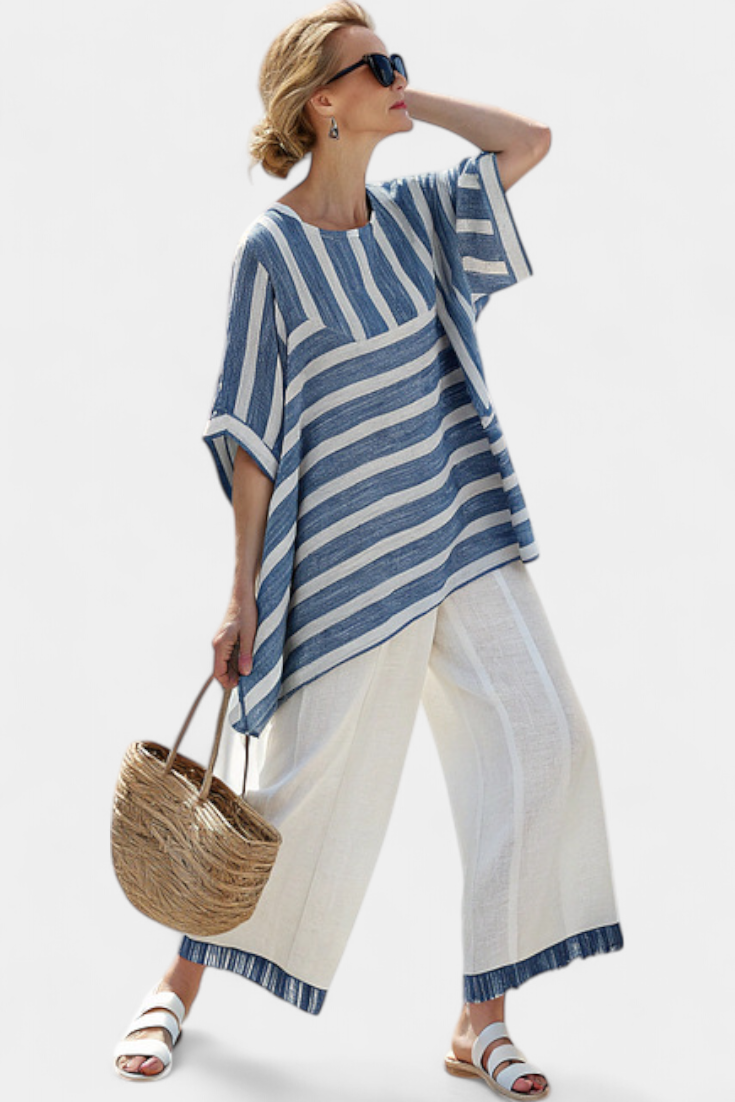 Striped Short Sleeve Top and Fringe Hem Wide Leg Pants Two Piece Set