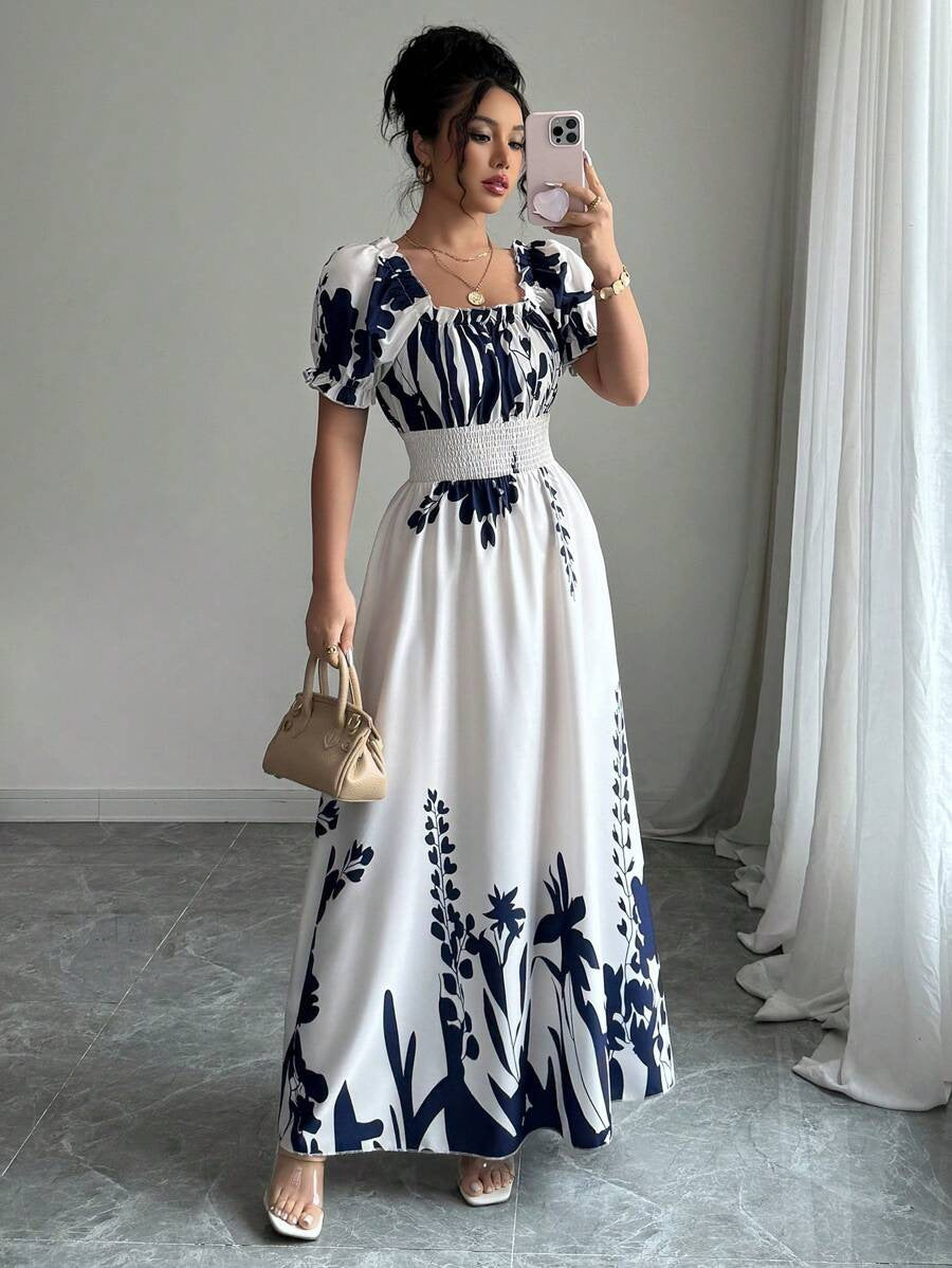 Floral Print Square Neck Puff Sleeve Smocked Waist A-Line Maxi Dress 5