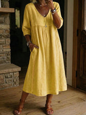 Denim V-Neck Pocket Midi Dress 10