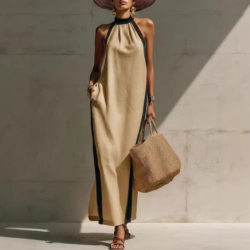 Halter Neck Sleeveless Contrast Trim Maxi Dress Summer 4