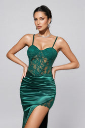 Analu Green Embroidered Lace Slit Maxi Dress - View 7