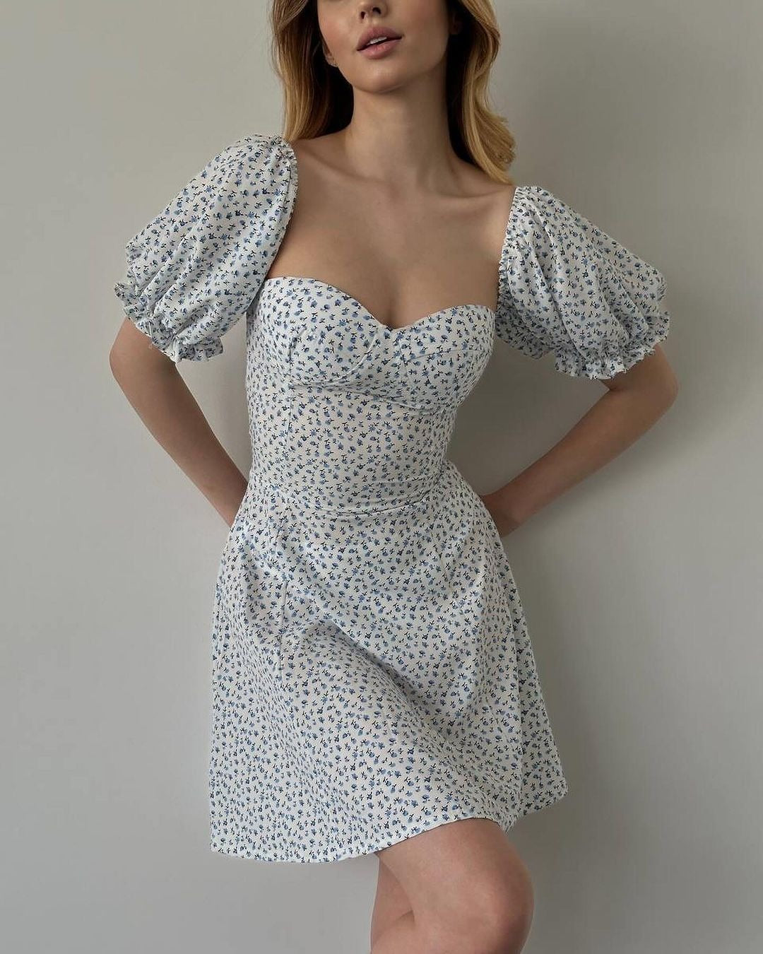 Floral Print Sweetheart Neck Puff Sleeve A-Line Mini Dress 4