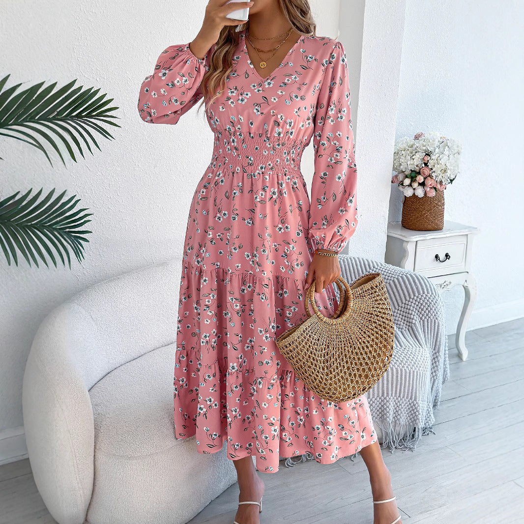 Ditsy Floral Print V-Neck Long Sleeve Smocked Waist Tiered Midi Dress