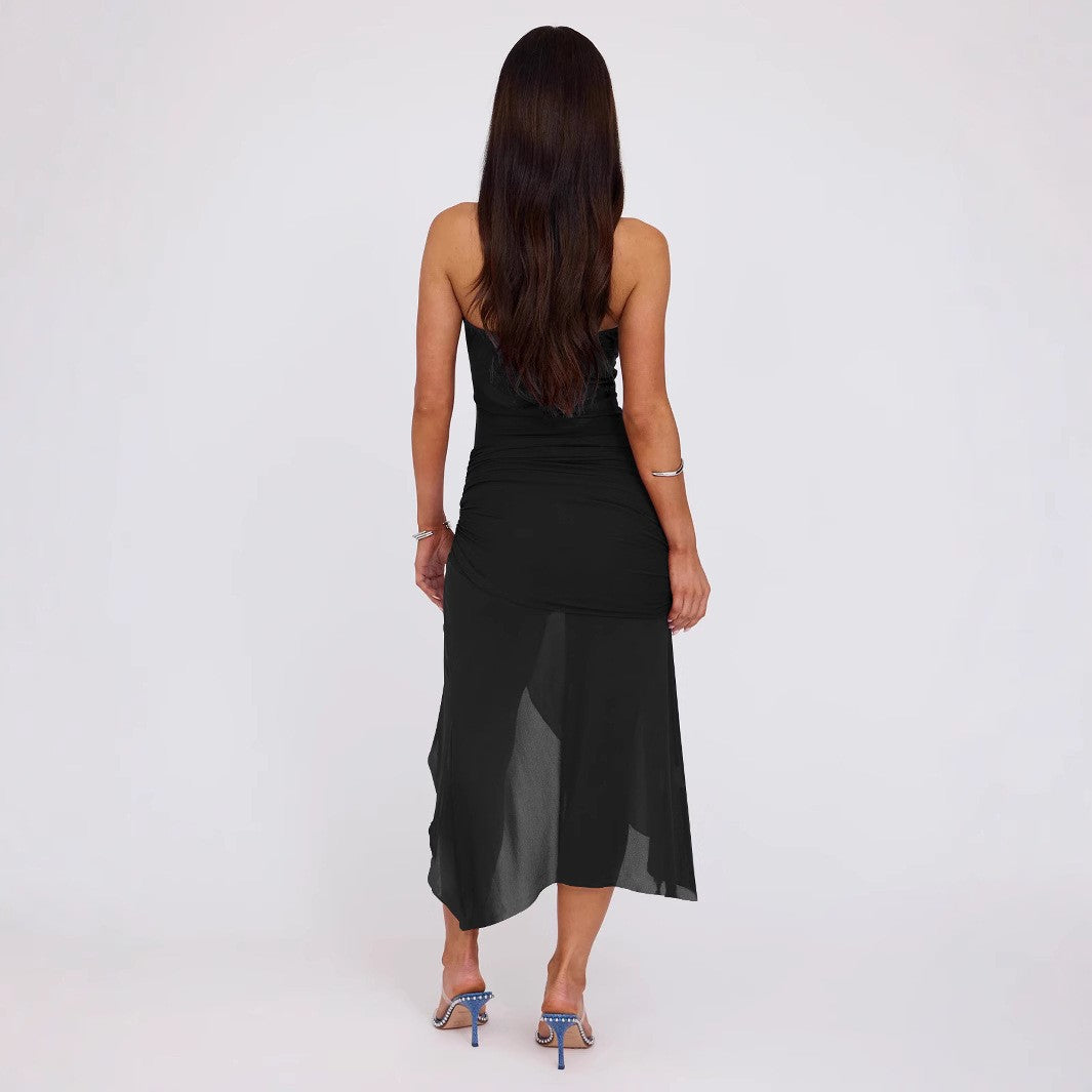 Strapless Ruched Mesh High Split Asymmetric Hem Midi Dress 3