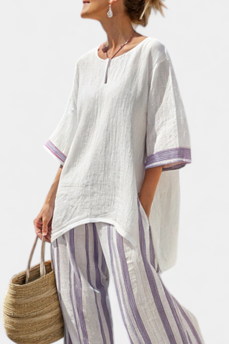 Notch Neck Top and Striped Wide Leg Pants Two Piece Set