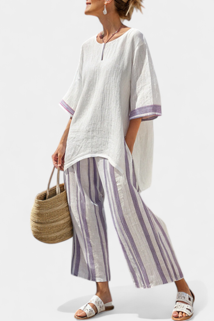 Notch Neck Top and Striped Wide Leg Pants Two Piece Set