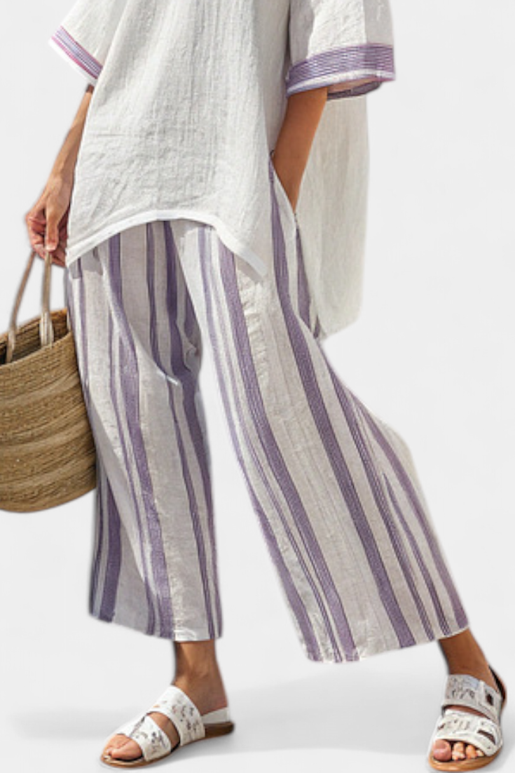 Notch Neck Top and Striped Wide Leg Pants Two Piece Set