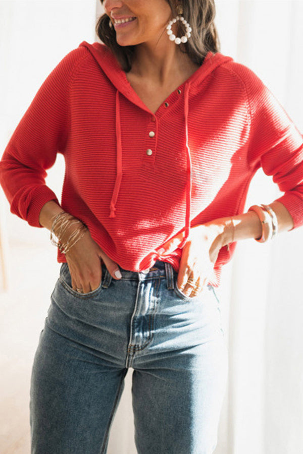 Button Neck Knit Hoodie