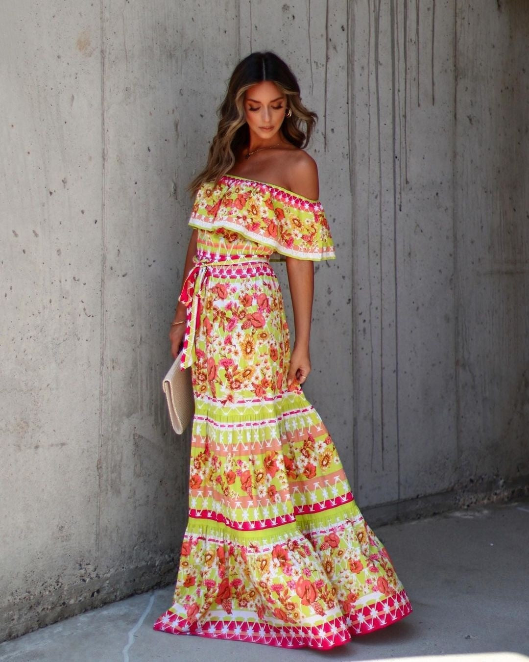 Off Shoulder Floral Ruffle Tiered Belted Maxi Dress 17