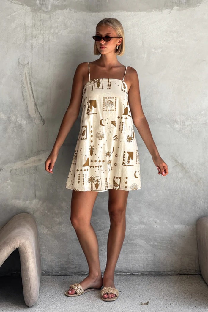 Graphic Print Straight Neck Spaghetti Strap Checkered Hem Shift Mini Dress 3