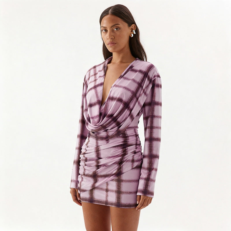 Women Clothing Autumn Winter Solid Color Plaid Printed Swing Collar Long Sleeve Shirt Slim Short Dress