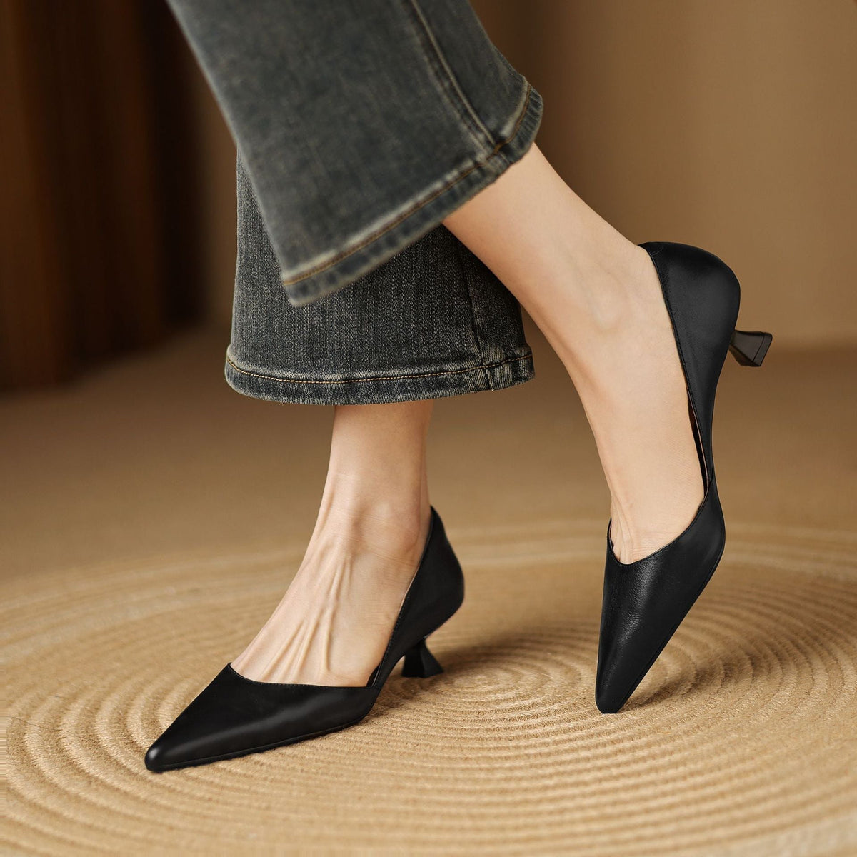 Pointed Toe Slip On Flared Kitten Heel Pumps