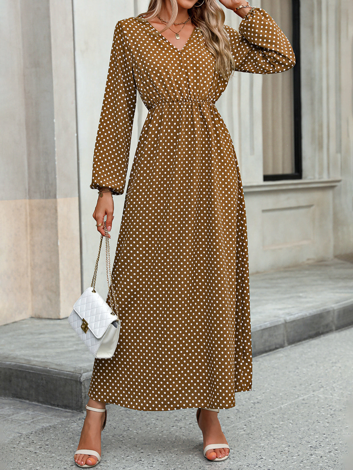 Polka Dot V-Neck Long Sleeve Elastic Waist Maxi Dress 2