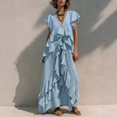 V-Neck Flutter Sleeve Ruffle Tiered Maxi Dress