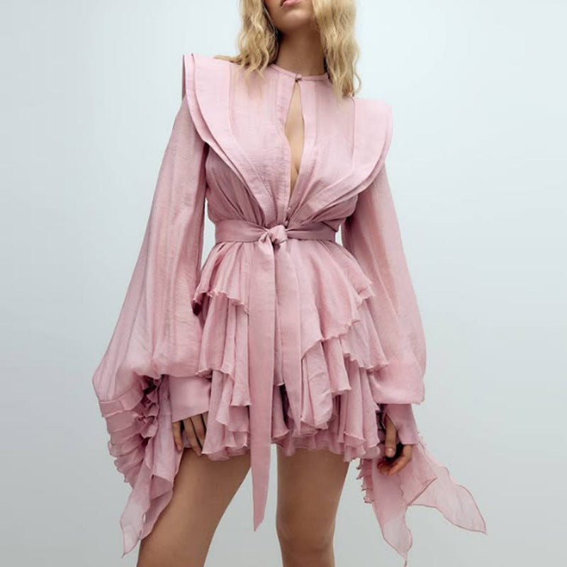 Chiffon Long Sleeve Tiered Ruffle Belted Mini Dress