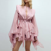 Chiffon Long Sleeve Tiered Ruffle Belted Mini Dress