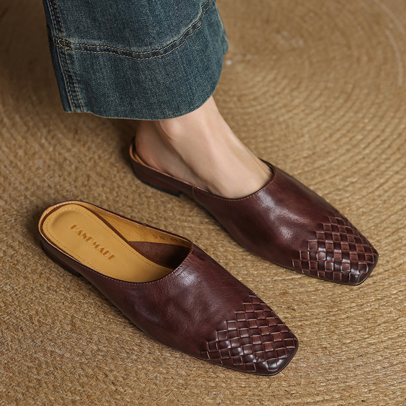 Square Toe Woven Backless Flat Mules