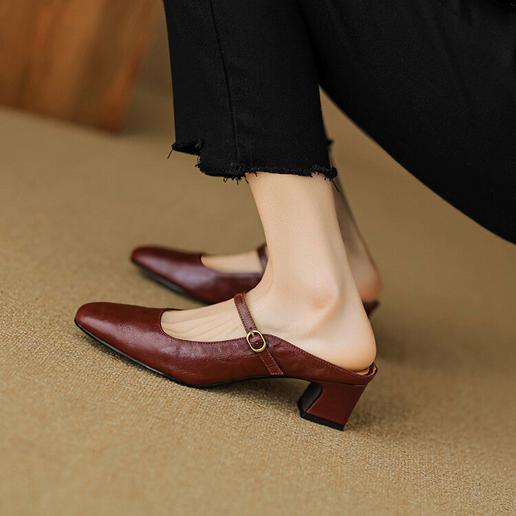 Square Toe Buckle Block Heel Mary Jane Mules