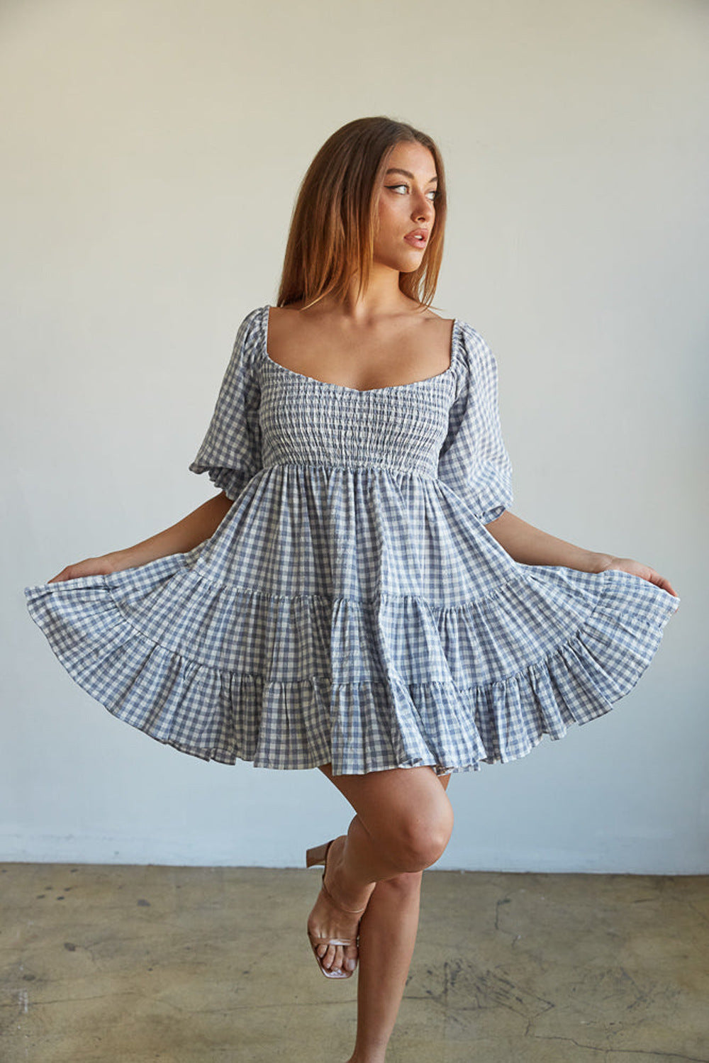 Women Clothing Plaid Tight Waist Large Swing Square Collar Short Sleeve Plaid High Waist Dress