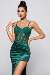 Analu Green Embroidered Lace Slit Maxi Dress - View 6