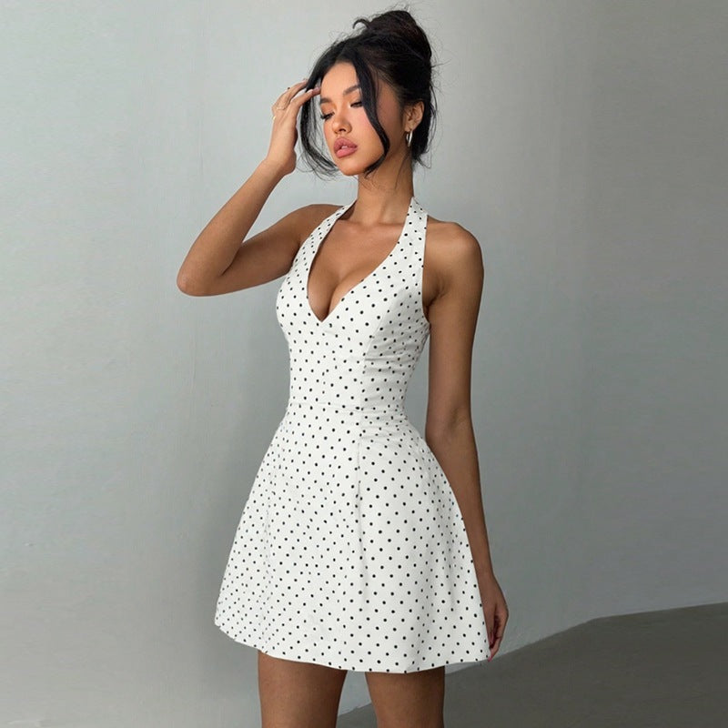 Polka Dot Halter Neck V-Neck Backless Fit and Flare Mini Dress