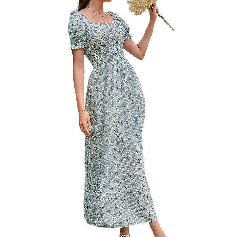 Floral Gingham Smocked Bodice Puff Sleeve Square Neck Maxi Dress 5