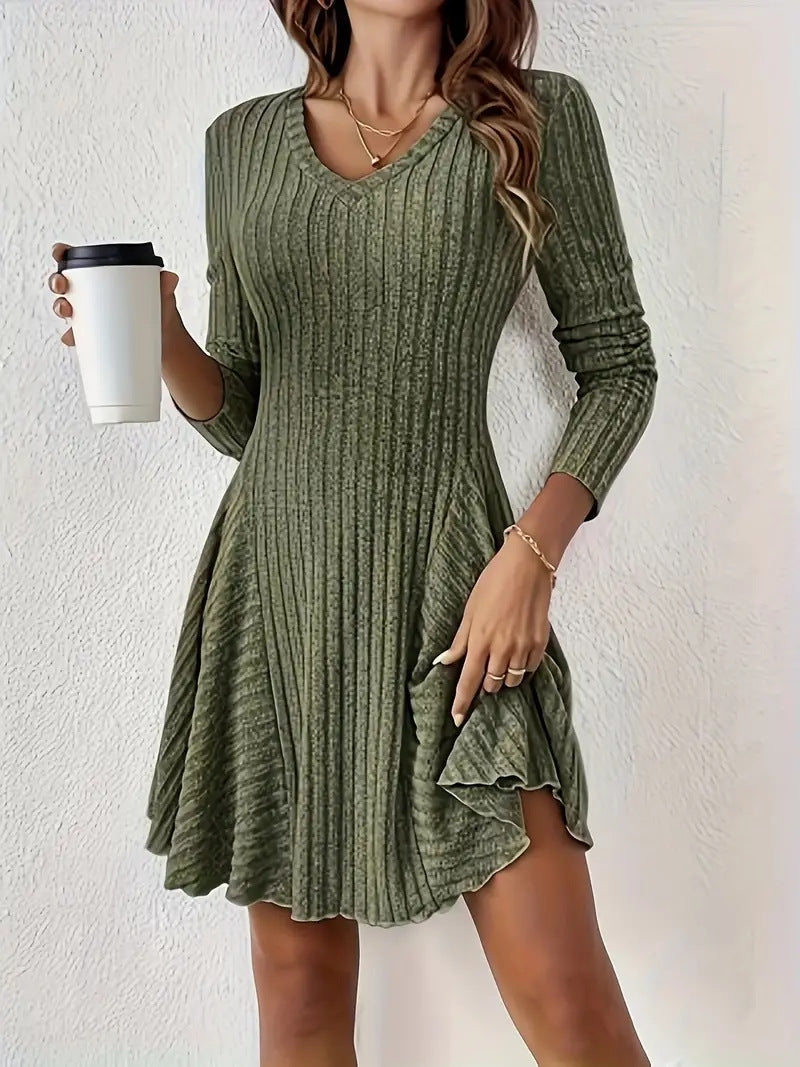 Ribbed Knit V-Neck Long Sleeve Fit and Flare Mini Dress 6