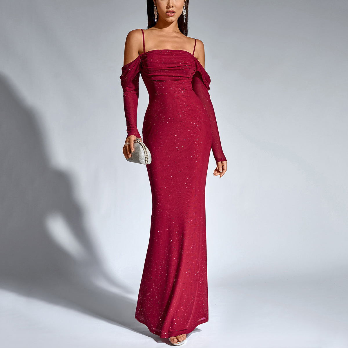 Glitter Mesh Cold Shoulder Long Sleeve Ruched Mermaid Maxi Dress 6