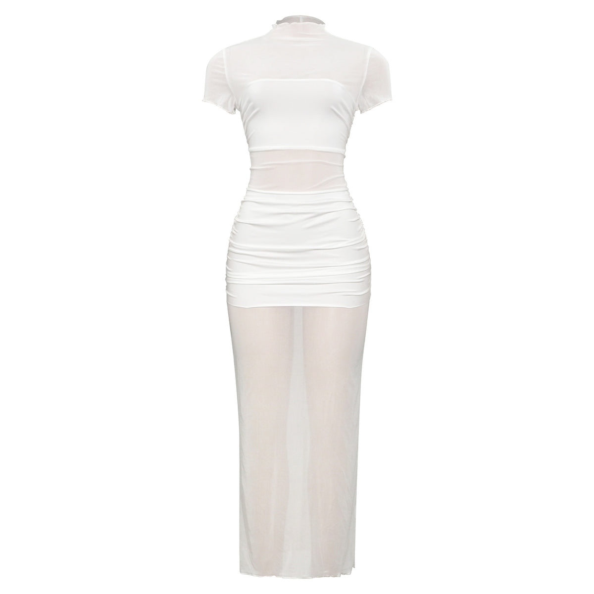 Sheer Mesh Mock Neck Cap Sleeve Lettuce Hem Bodycon Maxi Dress 2