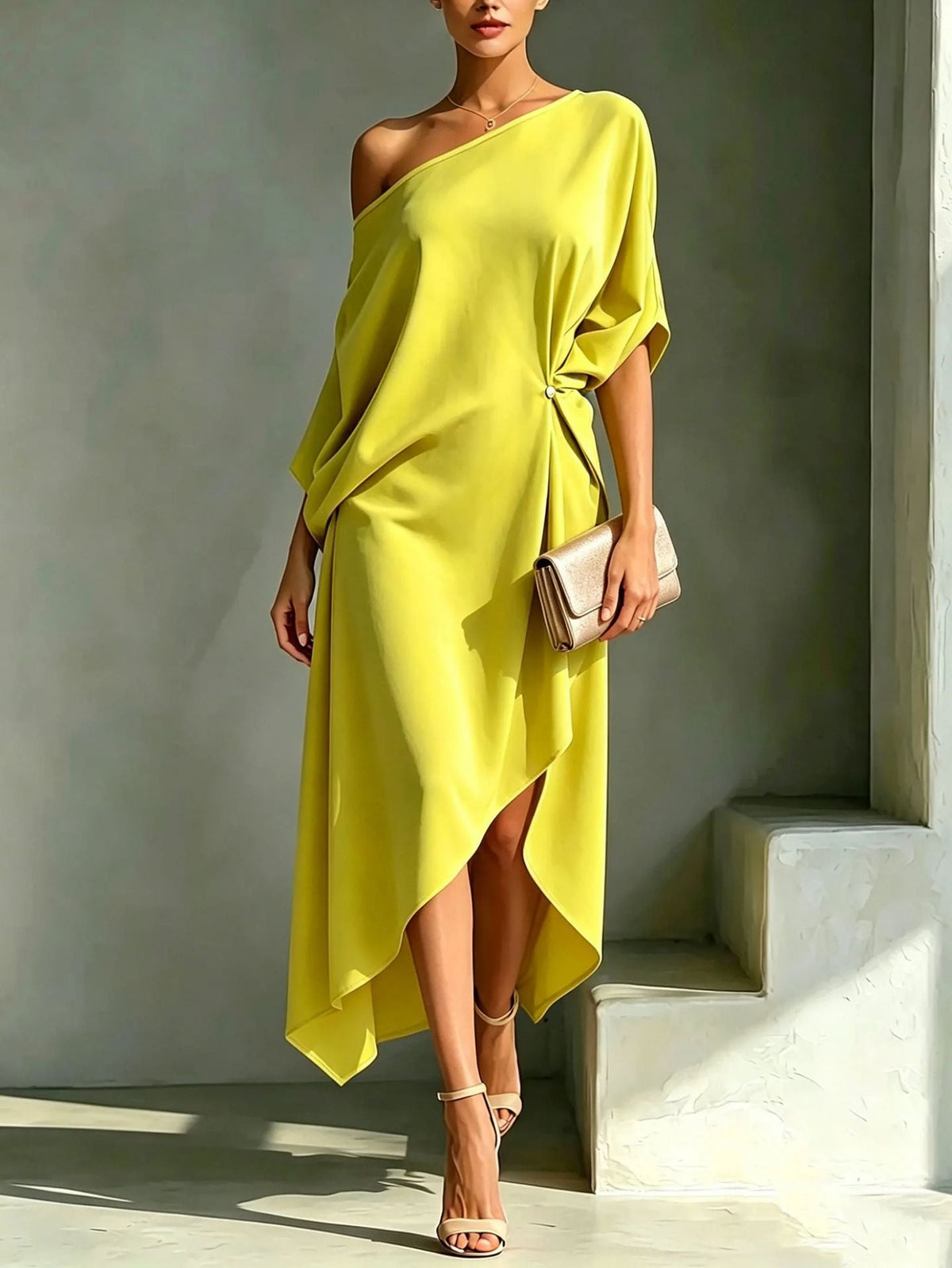 One Shoulder Short Sleeve Asymmetric Hem Midi Dress