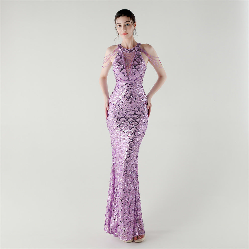 Embellished Thin Chain Decorative Fishtail Dress Sequined Evening Dress Light Luxury Minority Cocktail Ceremony - FashionAxe
