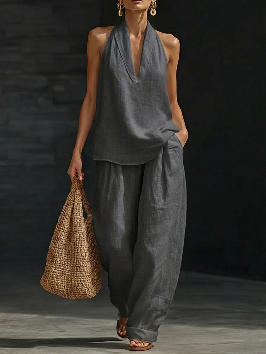 Halter Deep V-Neck Sleeveless Top and Wide Leg Pants Two Piece Set