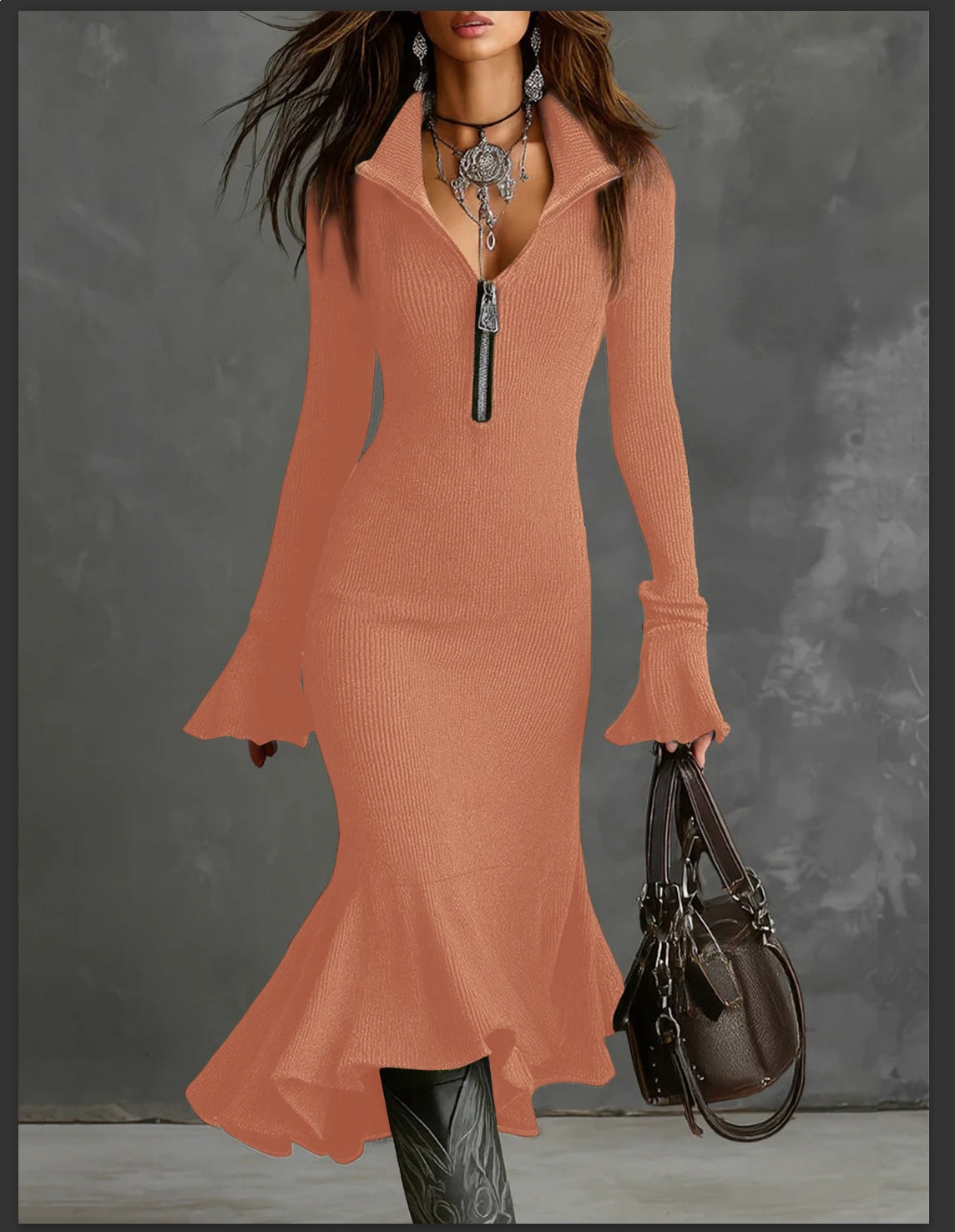Ribbed Knit Long Sleeve Zip Front Mermaid Midi Dress 11