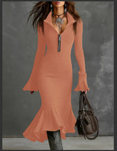 Ribbed Knit Long Sleeve Zip Front Mermaid Midi Dress 11