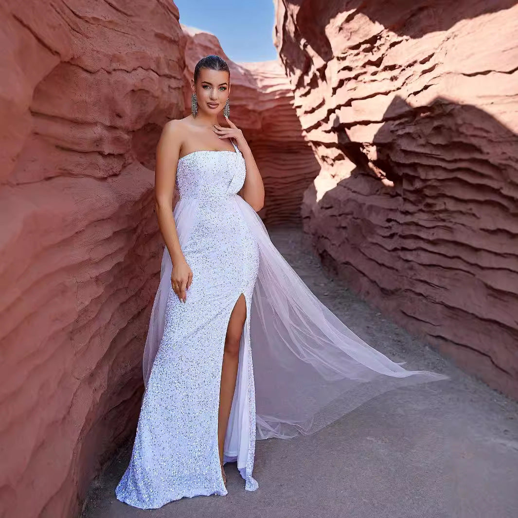 Sequin Strapless High Split Tulle Overlay Train Maxi Gown