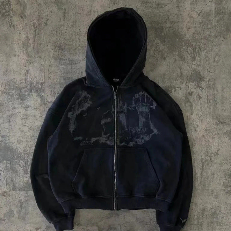 Washed Castle Graphic Print Zip Front Kangaroo Pocket Hoodie