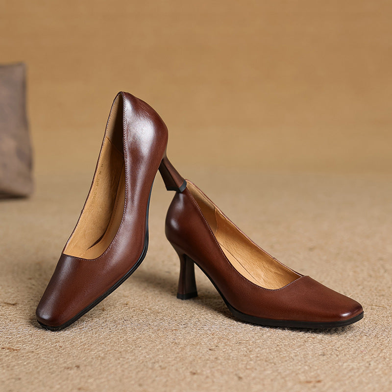 Square Toe Slip On Kitten Heel Leather Pumps