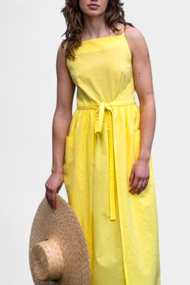 Square Neck Spaghetti Strap Tie Waist Wide Leg Jumpsuit