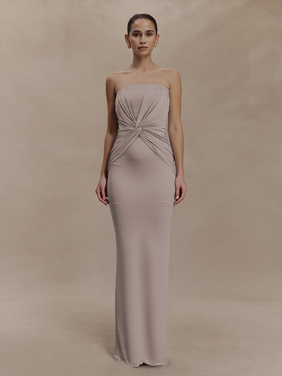 Strapless Twist Front Ruched Bodice Column Maxi Evening Dress 2