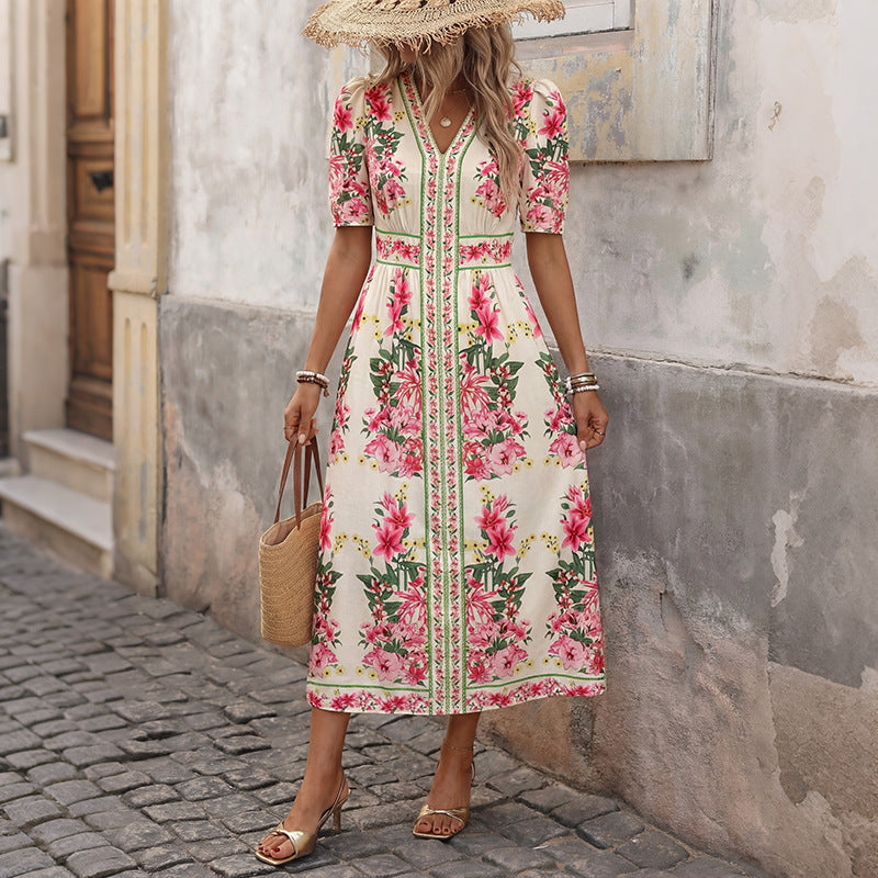 Retro Ethnic Floral Printed Waist Controlled Mid Length Dress