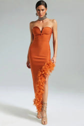 Yeli Feather Slant Hem Bandage Maxi Dress - View 2