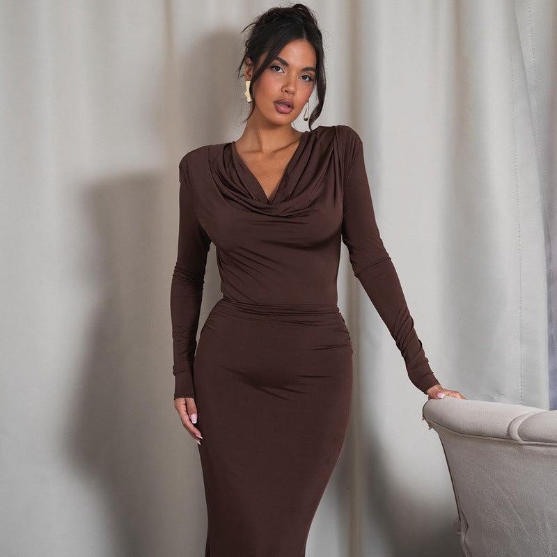 Swing Collar Long Sleeve Pleated Slim Sheath Dress