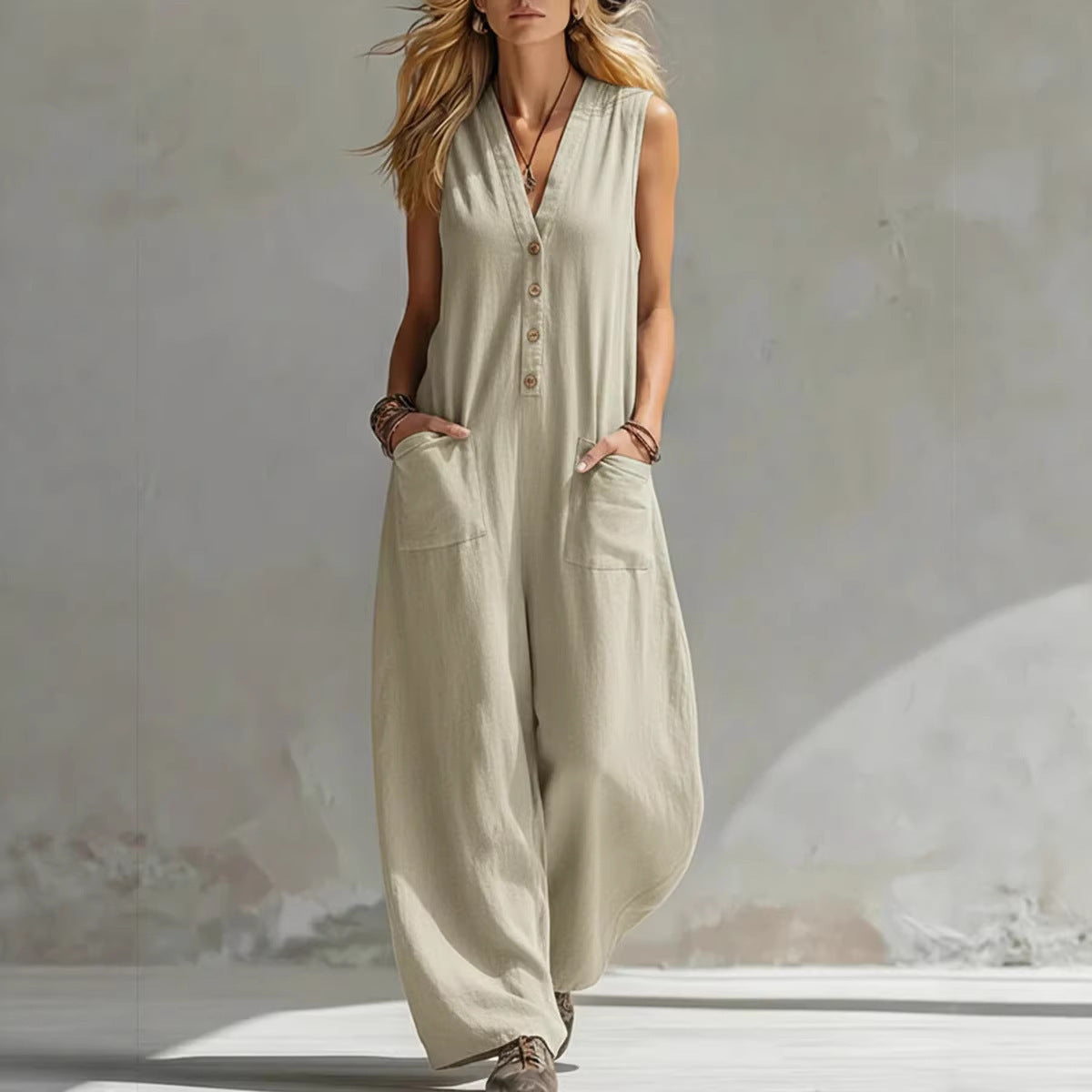V-Neck Sleeveless Button Front Wide Leg Jumpsuit with Pockets